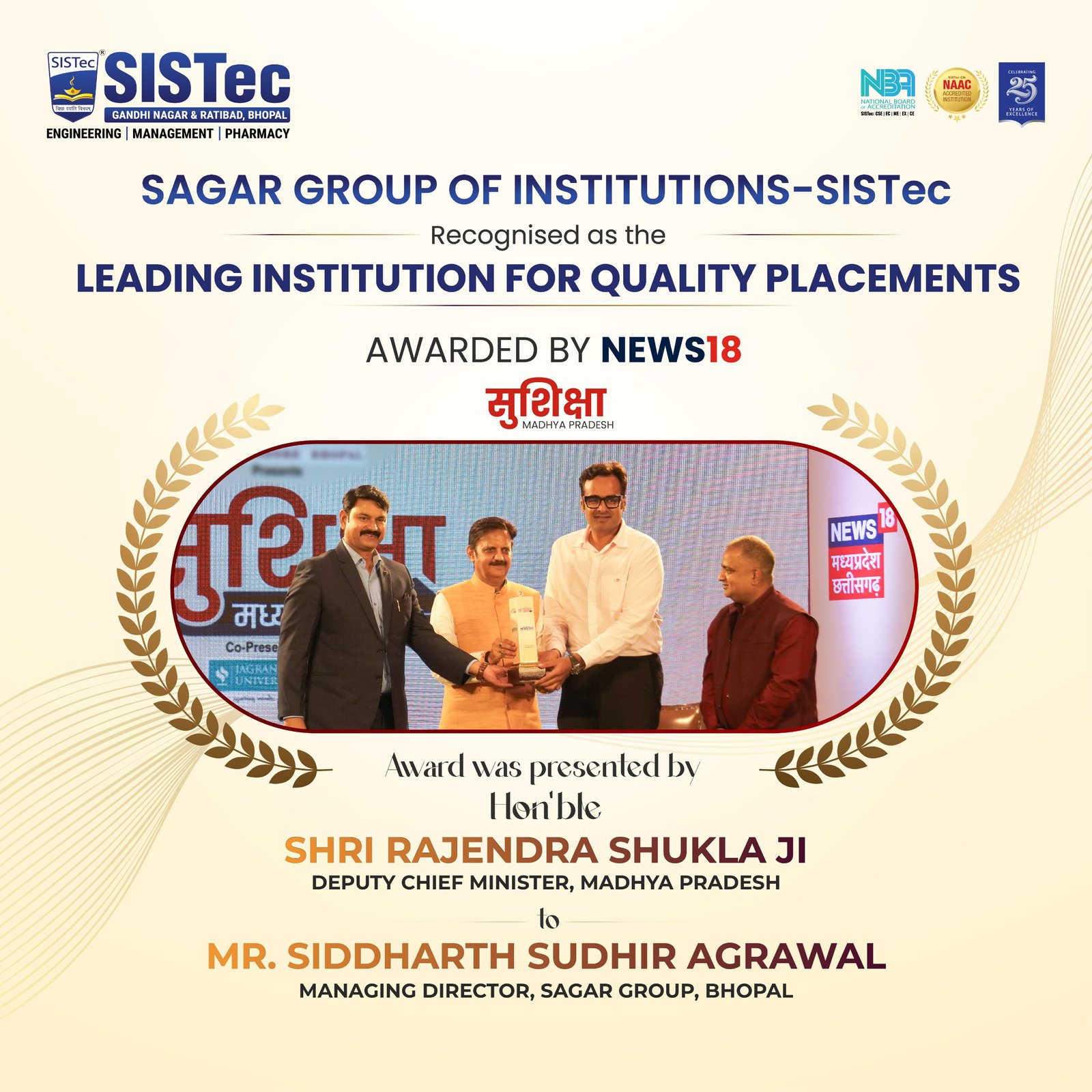 SISTec bags the “Leading Institution for Quality Placements” award by News18 SISTec bags the “Leading Institution for Quality Placements” award by News18